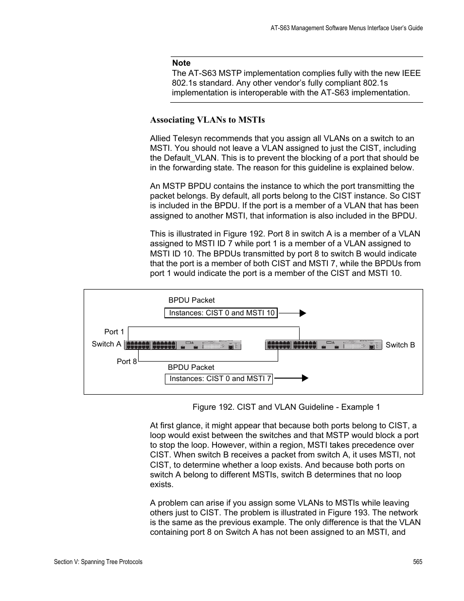 Figure 192: cist and vlan guideline - example 1, Associating vlans to mstis | Allied Telesis AT-S63 User Manual | Page 565 / 902