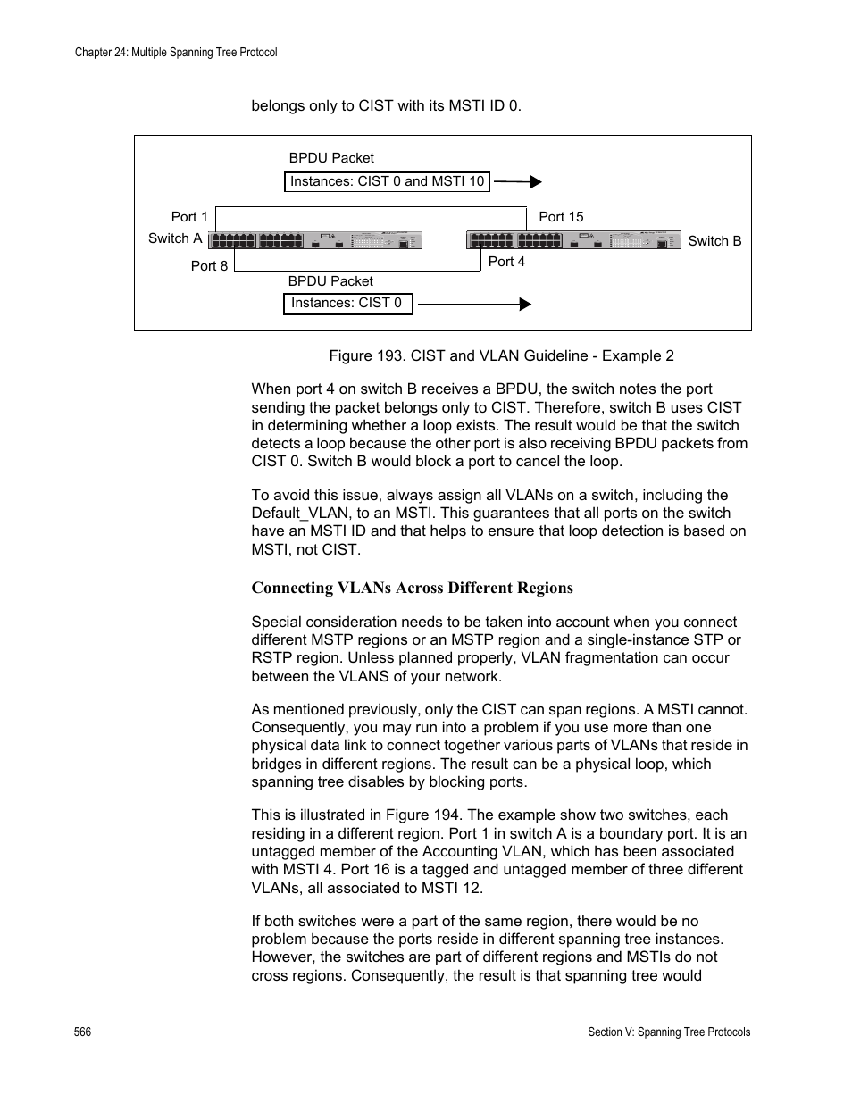 Figure 193: cist and vlan guideline - example 2, Connecting vlans across different regions | Allied Telesis AT-S63 User Manual | Page 566 / 902