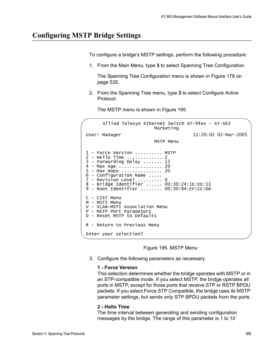 Configuring mstp bridge settings, Figure 195: mstp menu | Allied Telesis AT-S63 User Manual | Page 569 / 902