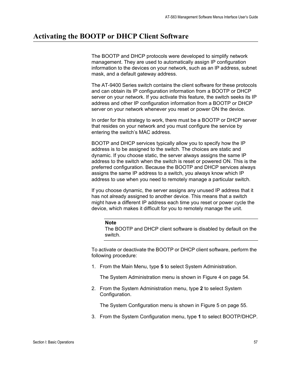 Activating the bootp or dhcp client software | Allied Telesis AT-S63 User Manual | Page 57 / 902