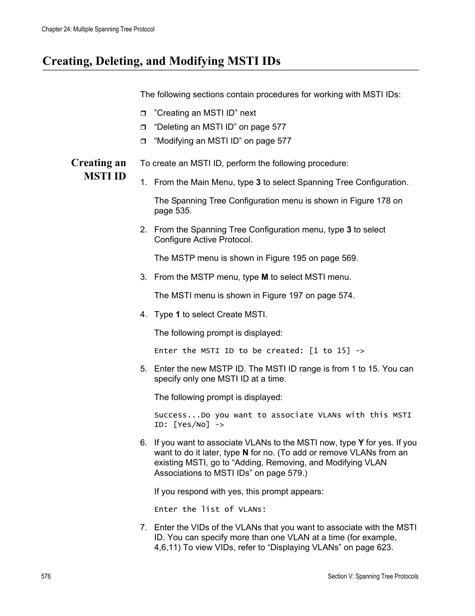 Creating, deleting, and modifying msti ids, Creating an msti id | Allied Telesis AT-S63 User Manual | Page 576 / 902