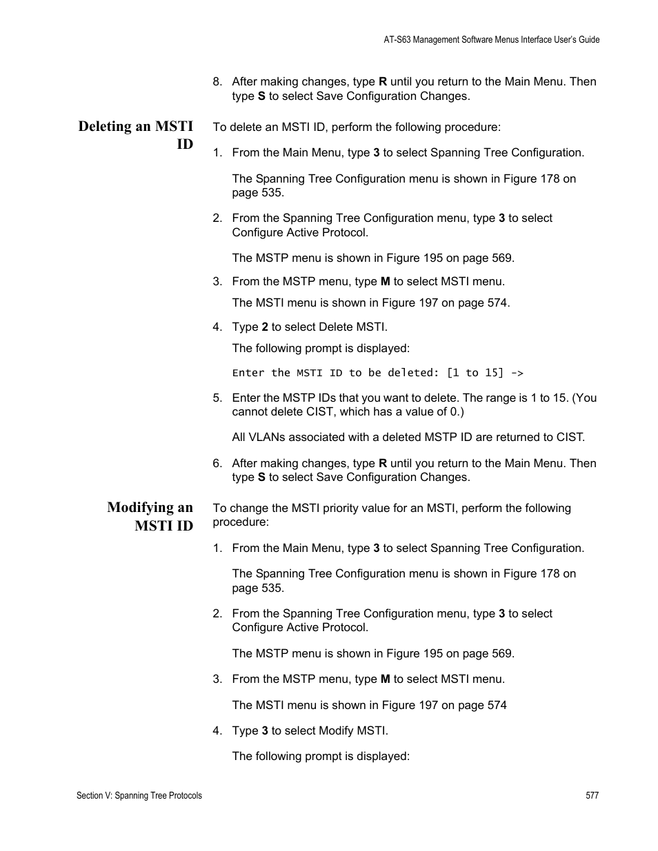 Deleting an msti id, Modifying an msti id, Deleting an msti id modifying an msti id | Allied Telesis AT-S63 User Manual | Page 577 / 902