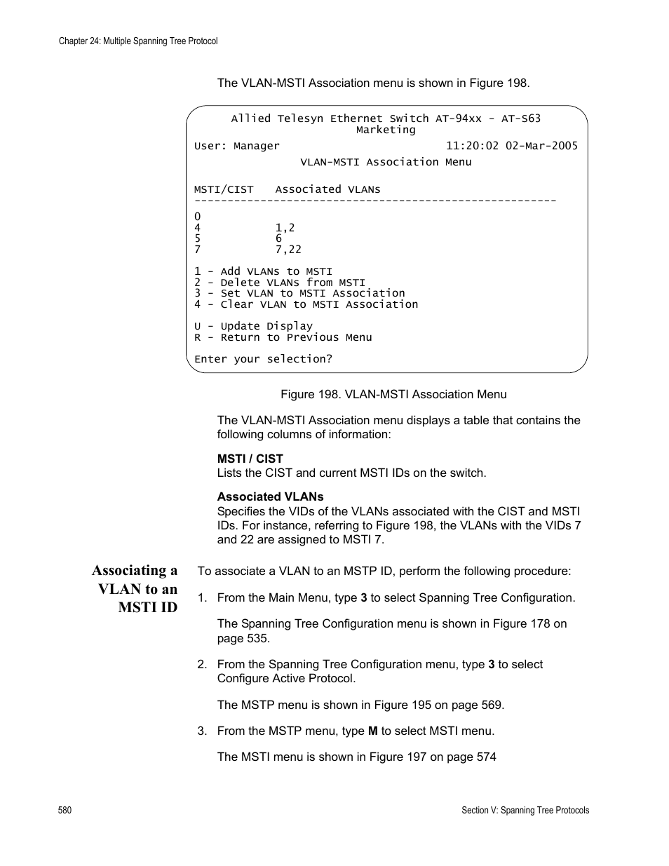 Associating a vlan to an msti id, Figure 198: vlan-msti association menu | Allied Telesis AT-S63 User Manual | Page 580 / 902