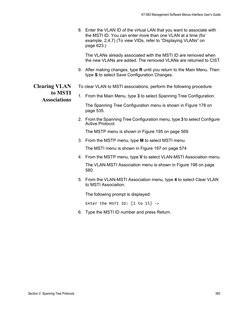 Clearing vlan to msti associations | Allied Telesis AT-S63 User Manual | Page 583 / 902