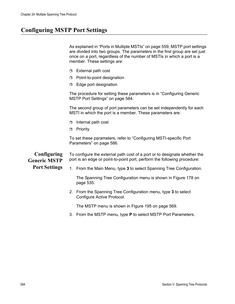 Configuring mstp port settings, Configuring generic mstp port settings | Allied Telesis AT-S63 User Manual | Page 584 / 902