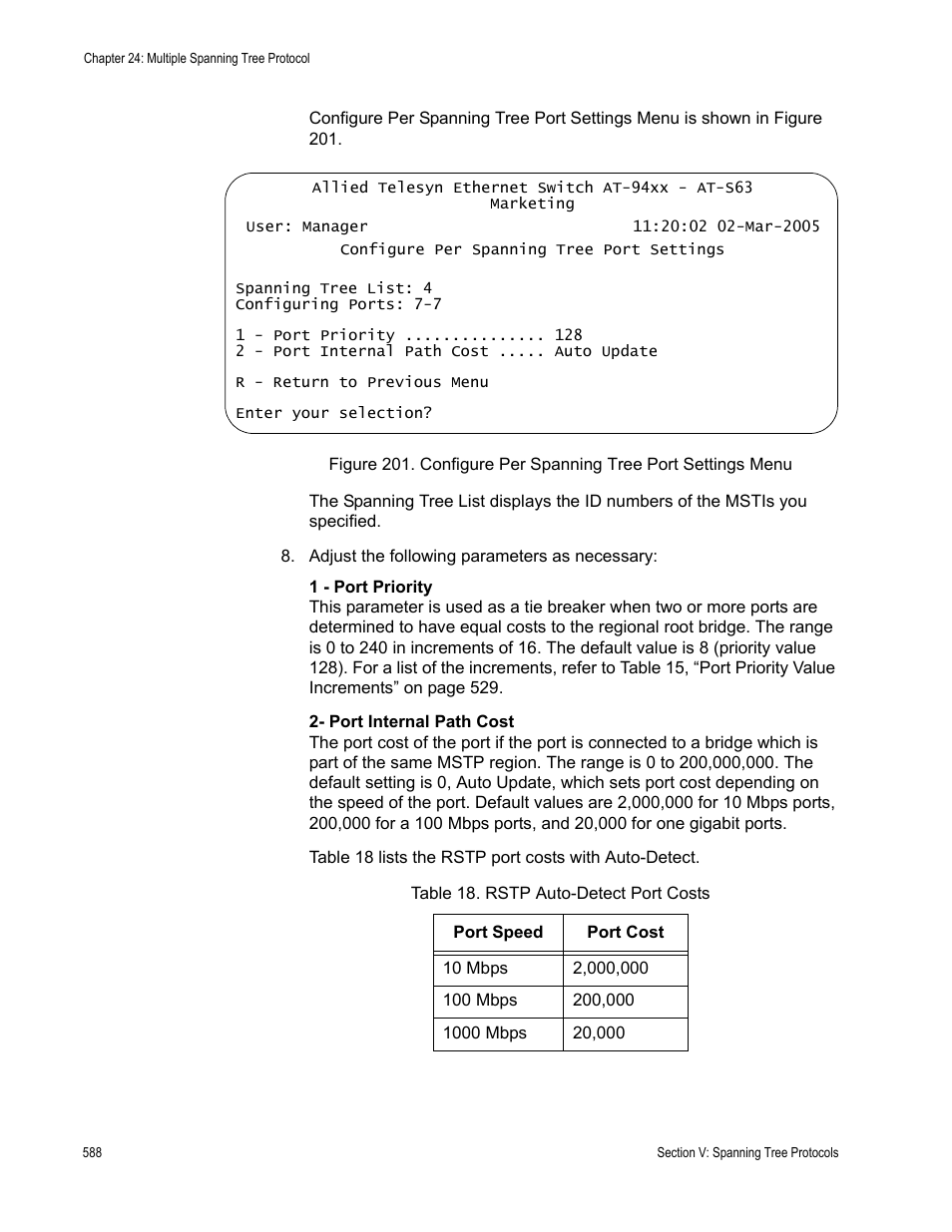 Table 18: rstp auto-detect port costs | Allied Telesis AT-S63 User Manual | Page 588 / 902