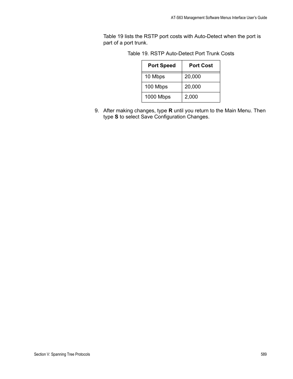 Table 19: rstp auto-detect port trunk costs | Allied Telesis AT-S63 User Manual | Page 589 / 902