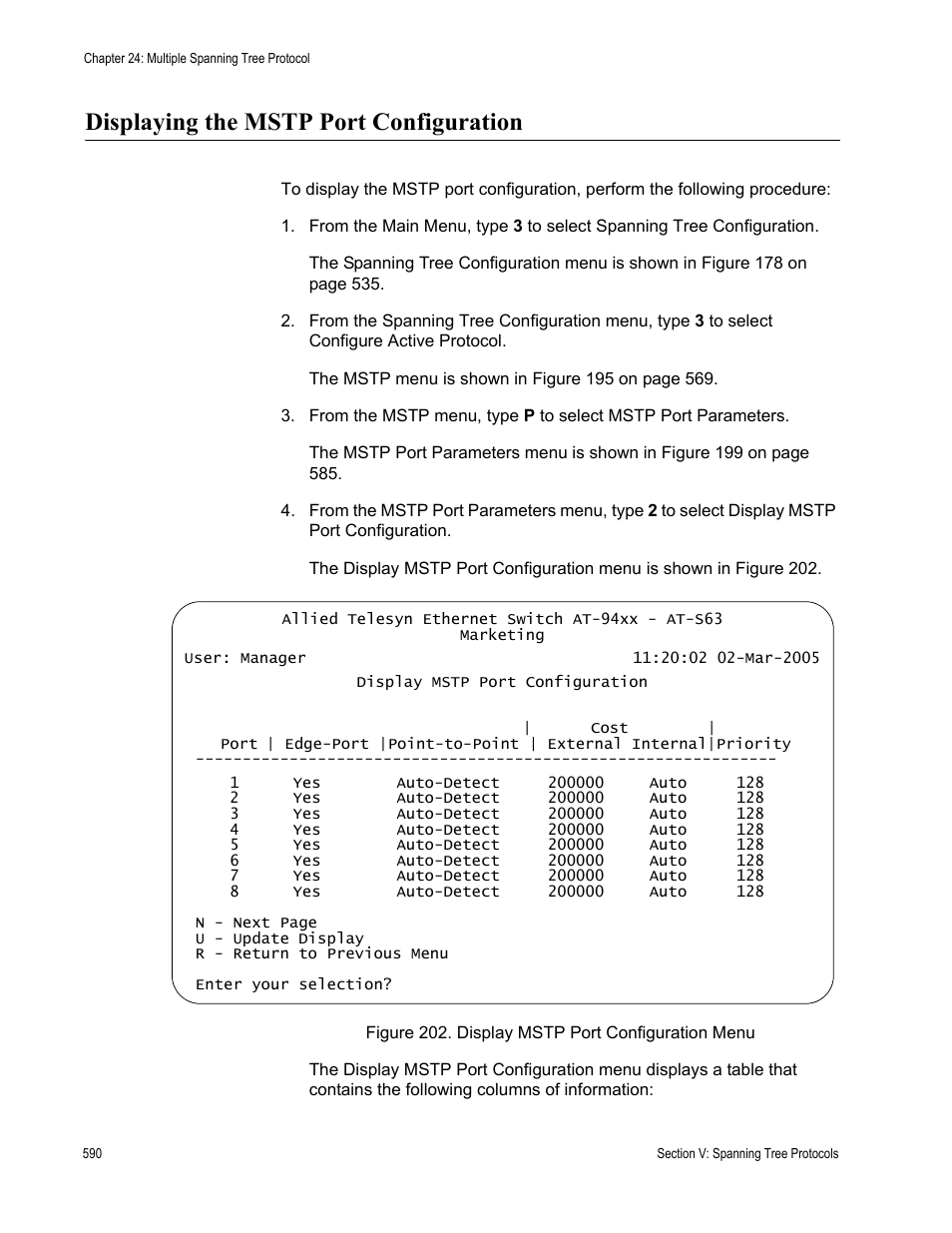 Displaying the mstp port configuration, Figure 202: display mstp port configuration menu | Allied Telesis AT-S63 User Manual | Page 590 / 902