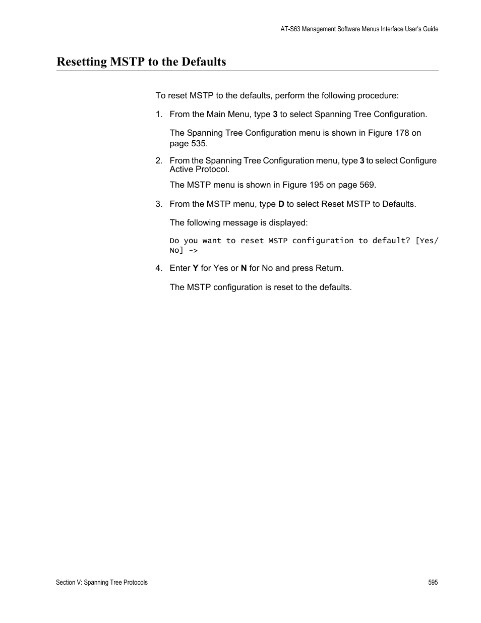 Resetting mstp to the defaults | Allied Telesis AT-S63 User Manual | Page 595 / 902