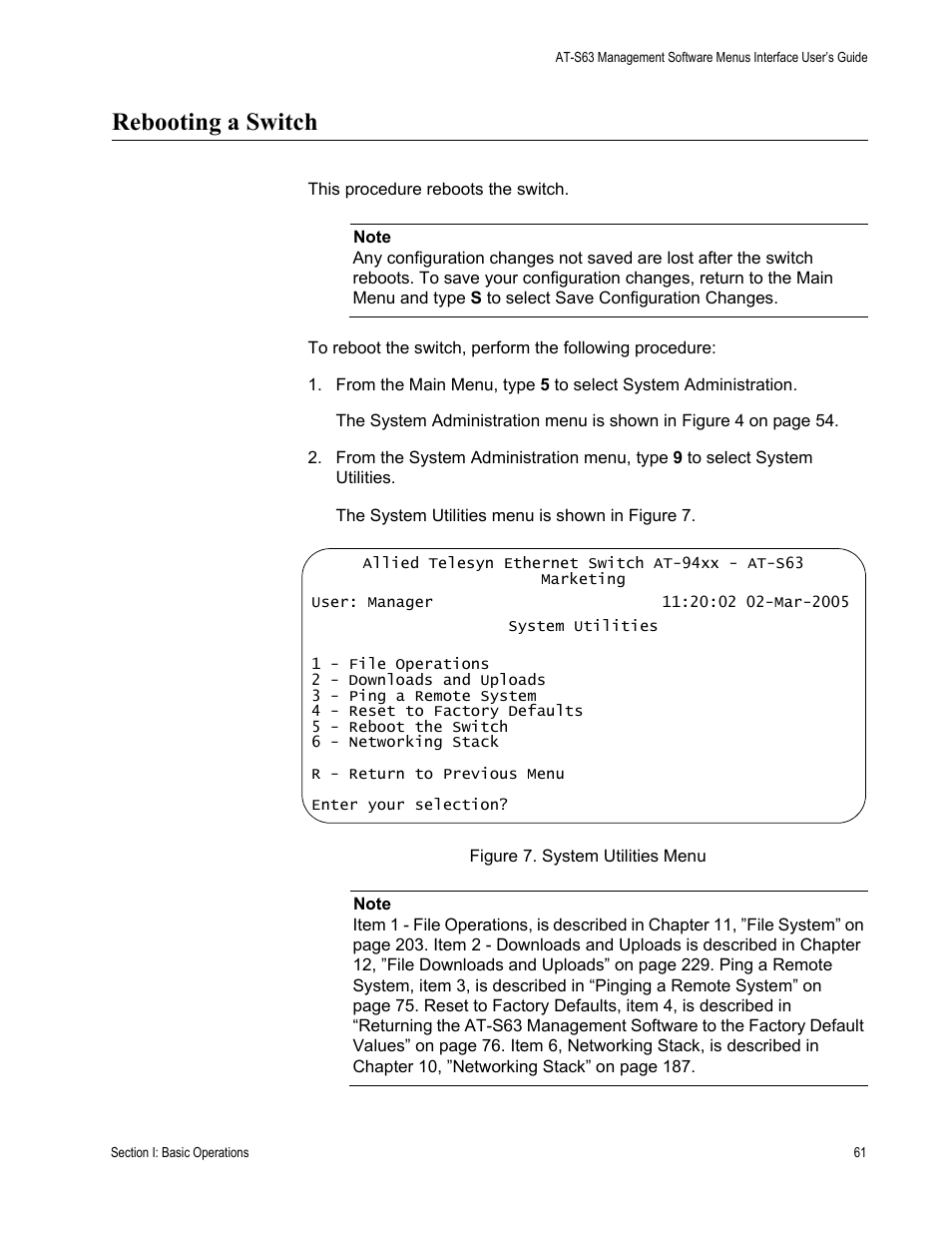 Rebooting a switch, Figure 7: system utilities menu | Allied Telesis AT-S63 User Manual | Page 61 / 902