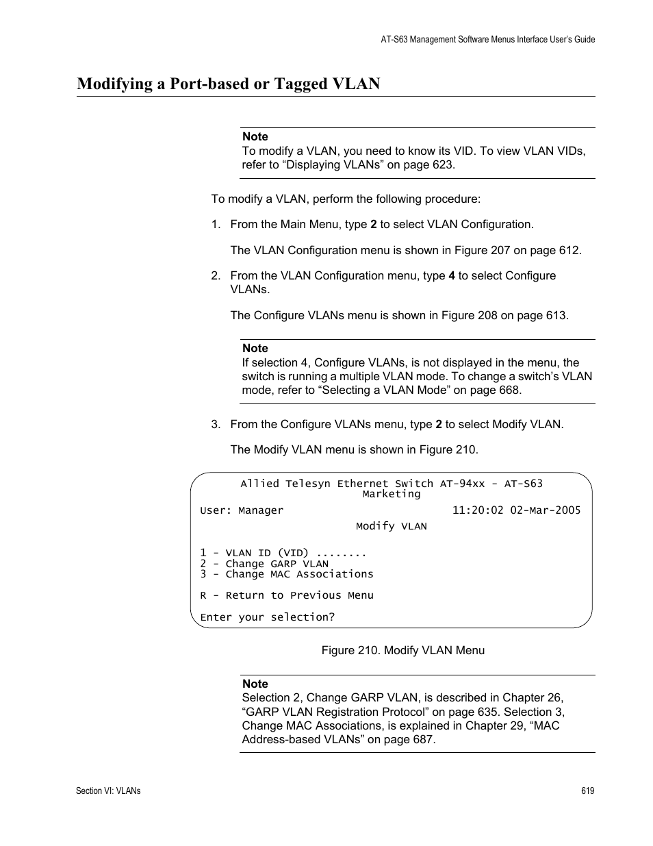 Modifying a port-based or tagged vlan, Figure 210: modify vlan menu | Allied Telesis AT-S63 User Manual | Page 619 / 902