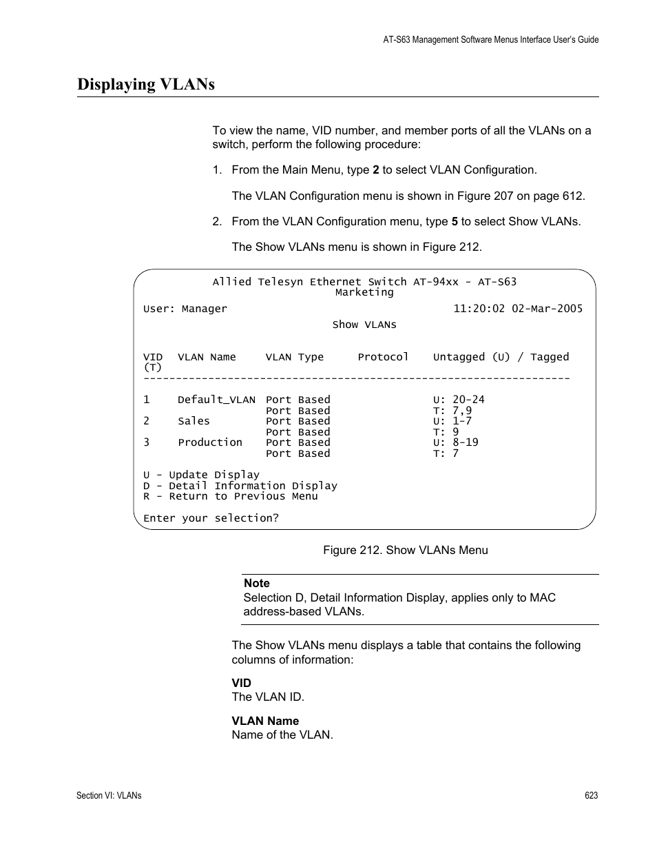 Displaying vlans, Figure 212: show vlans menu | Allied Telesis AT-S63 User Manual | Page 623 / 902