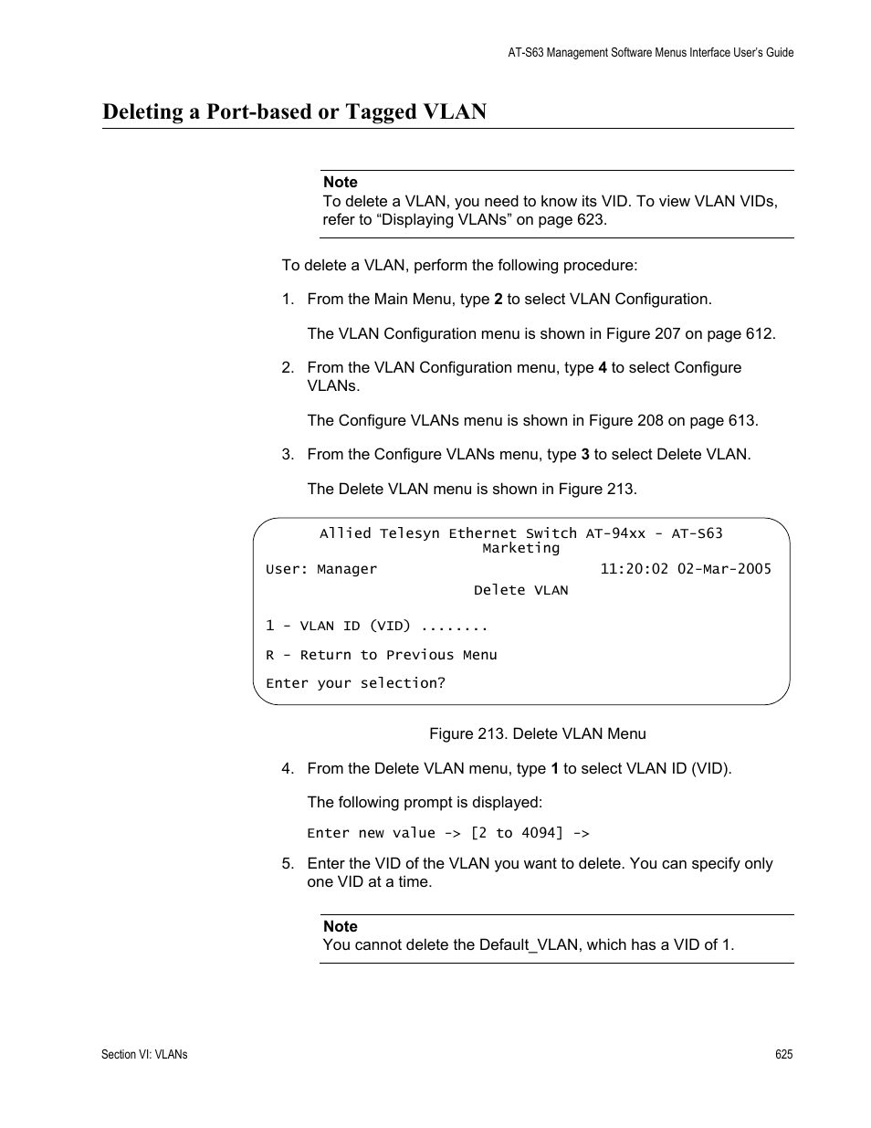 Deleting a port-based or tagged vlan, Figure 213: delete vlan menu | Allied Telesis AT-S63 User Manual | Page 625 / 902