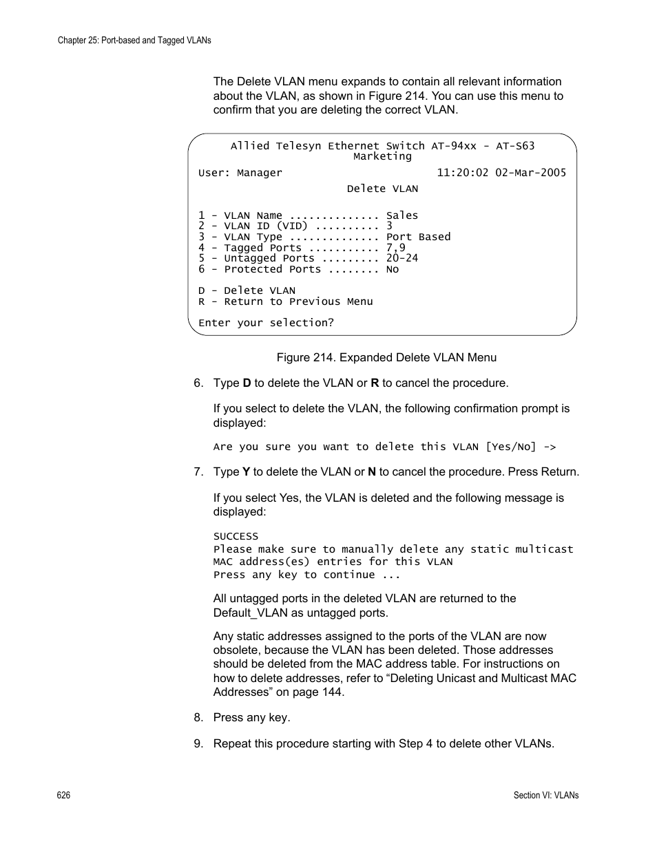 Figure 214: expanded delete vlan menu | Allied Telesis AT-S63 User Manual | Page 626 / 902