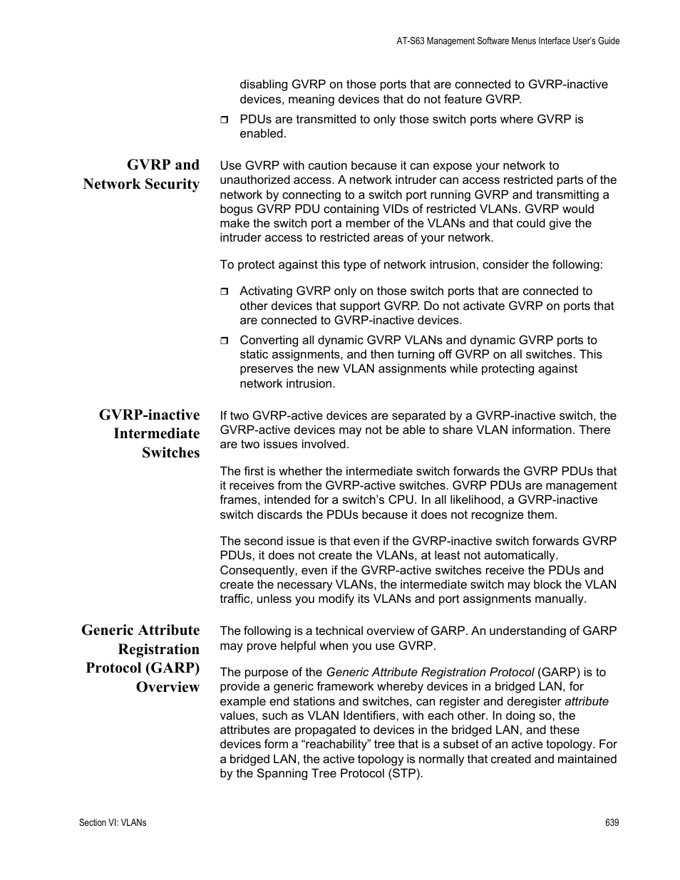 Gvrp and network security, Gvrp-inactive intermediate switches | Allied Telesis AT-S63 User Manual | Page 639 / 902