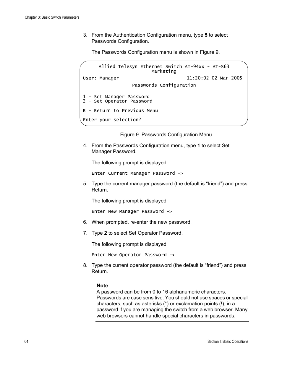 Figure 9: passwords configuration menu | Allied Telesis AT-S63 User Manual | Page 64 / 902