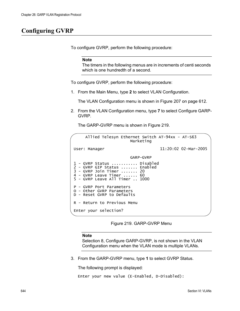 Configuring gvrp, Figure 219: garp-gvrp menu | Allied Telesis AT-S63 User Manual | Page 644 / 902