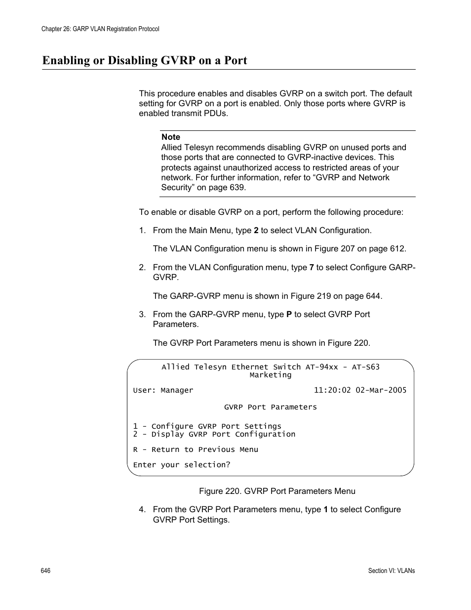 Enabling or disabling gvrp on a port, Figure 220: gvrp port parameters menu | Allied Telesis AT-S63 User Manual | Page 646 / 902