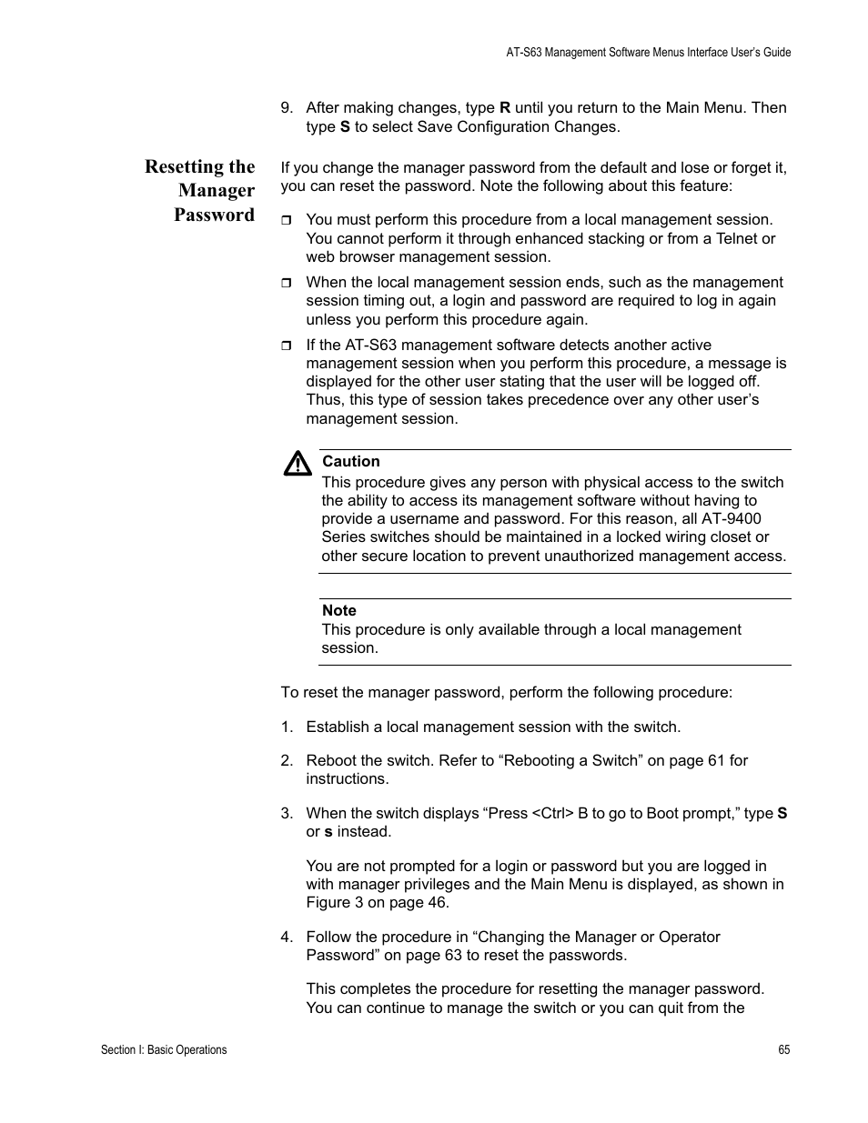 Resetting the manager password | Allied Telesis AT-S63 User Manual | Page 65 / 902