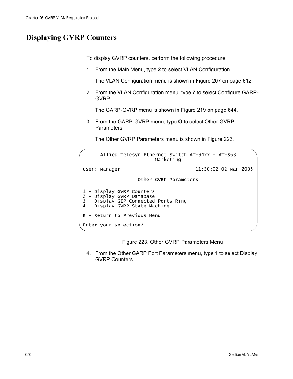 Displaying gvrp counters, Figure 223: other gvrp parameters menu | Allied Telesis AT-S63 User Manual | Page 650 / 902