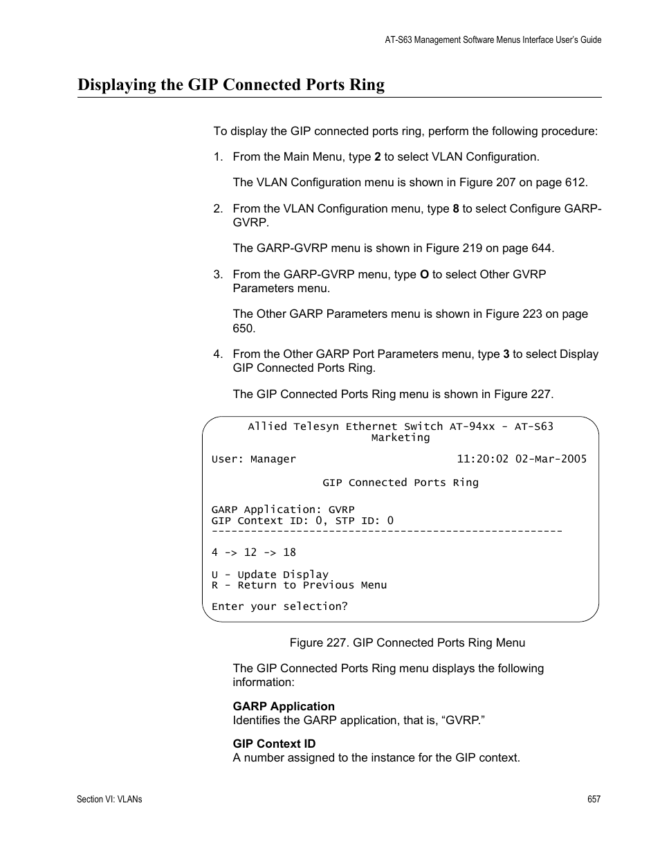 Displaying the gip connected ports ring, Figure 227: gip connected ports ring menu | Allied Telesis AT-S63 User Manual | Page 657 / 902