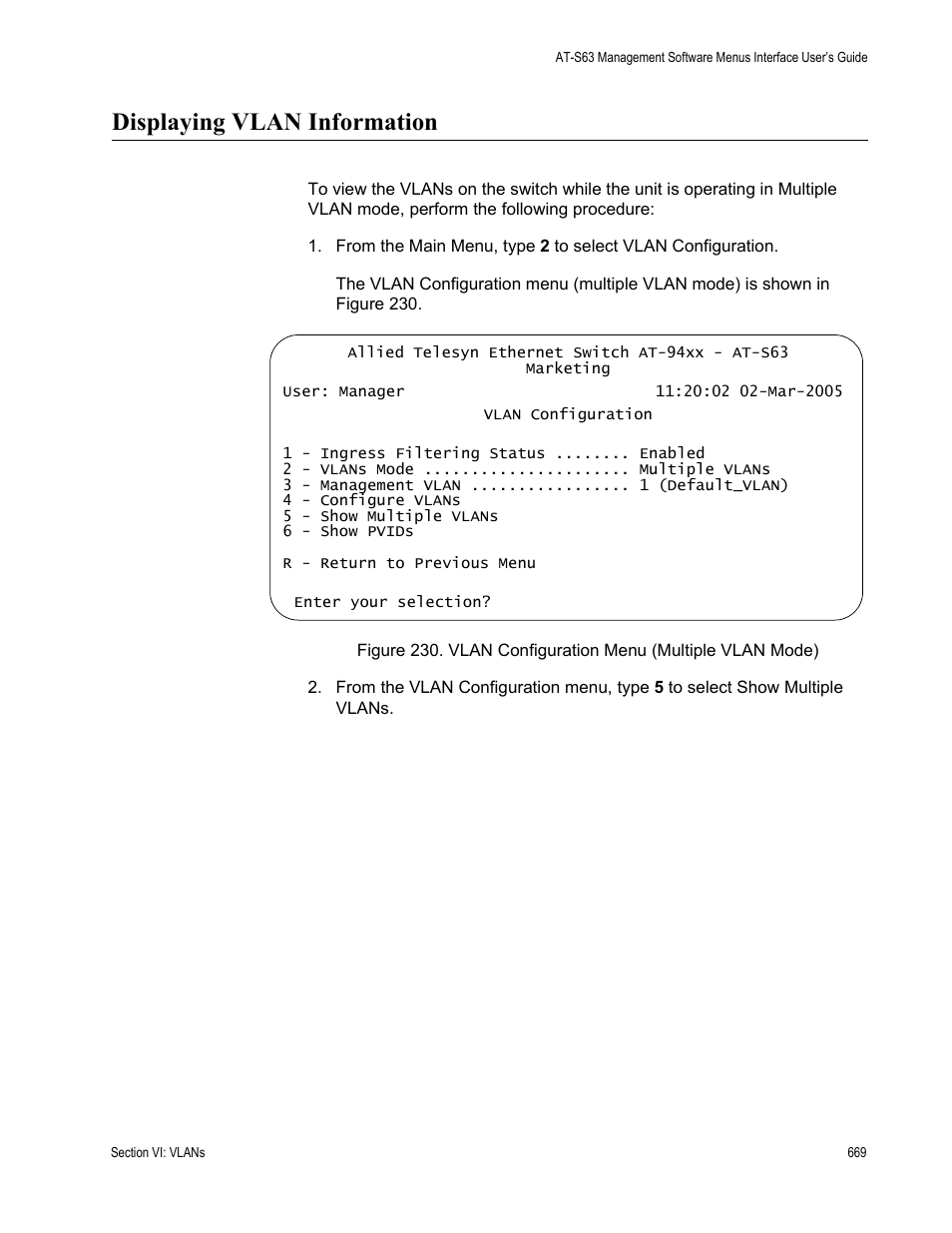 Displaying vlan information | Allied Telesis AT-S63 User Manual | Page 669 / 902