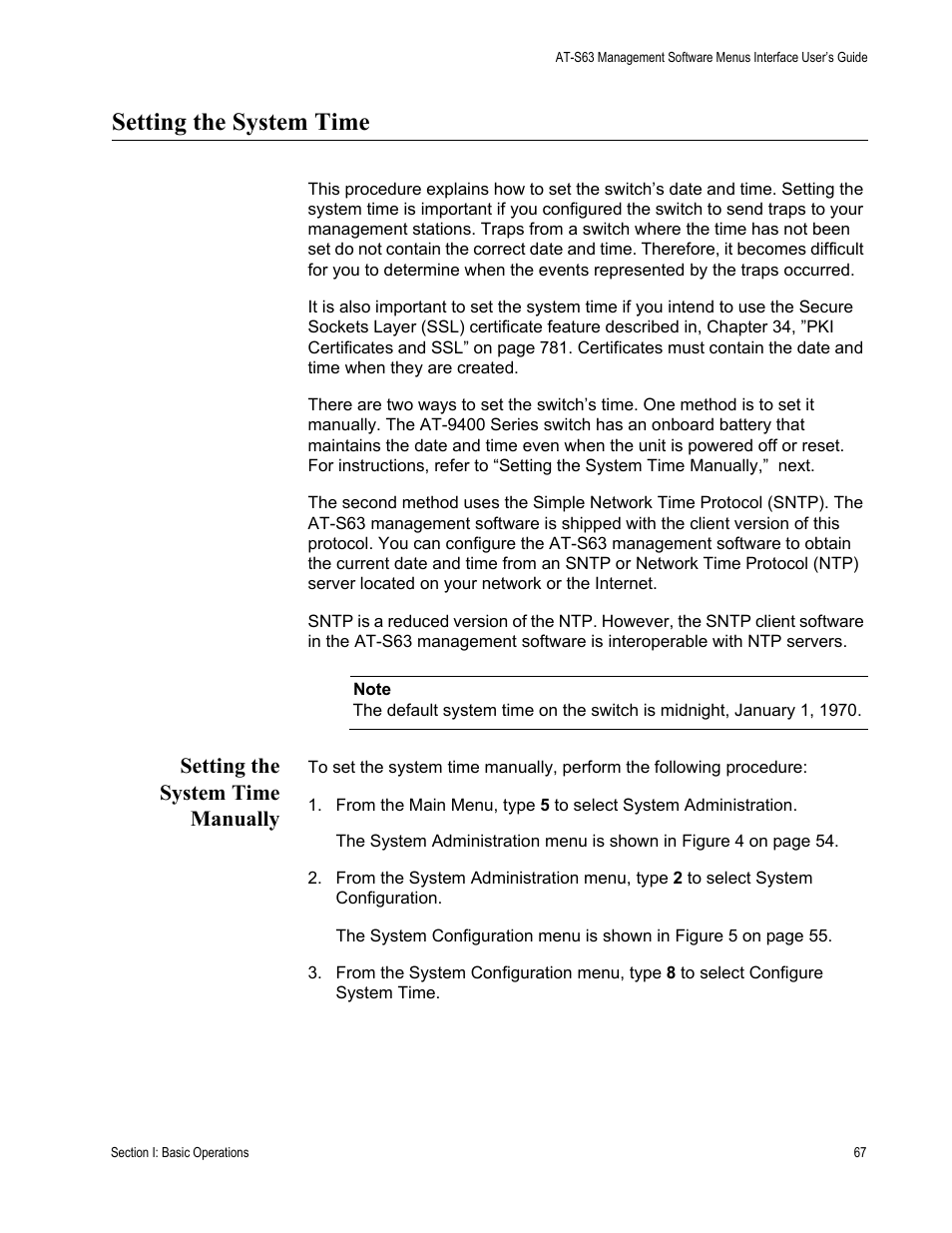 Setting the system time, Setting the system time manually | Allied Telesis AT-S63 User Manual | Page 67 / 902