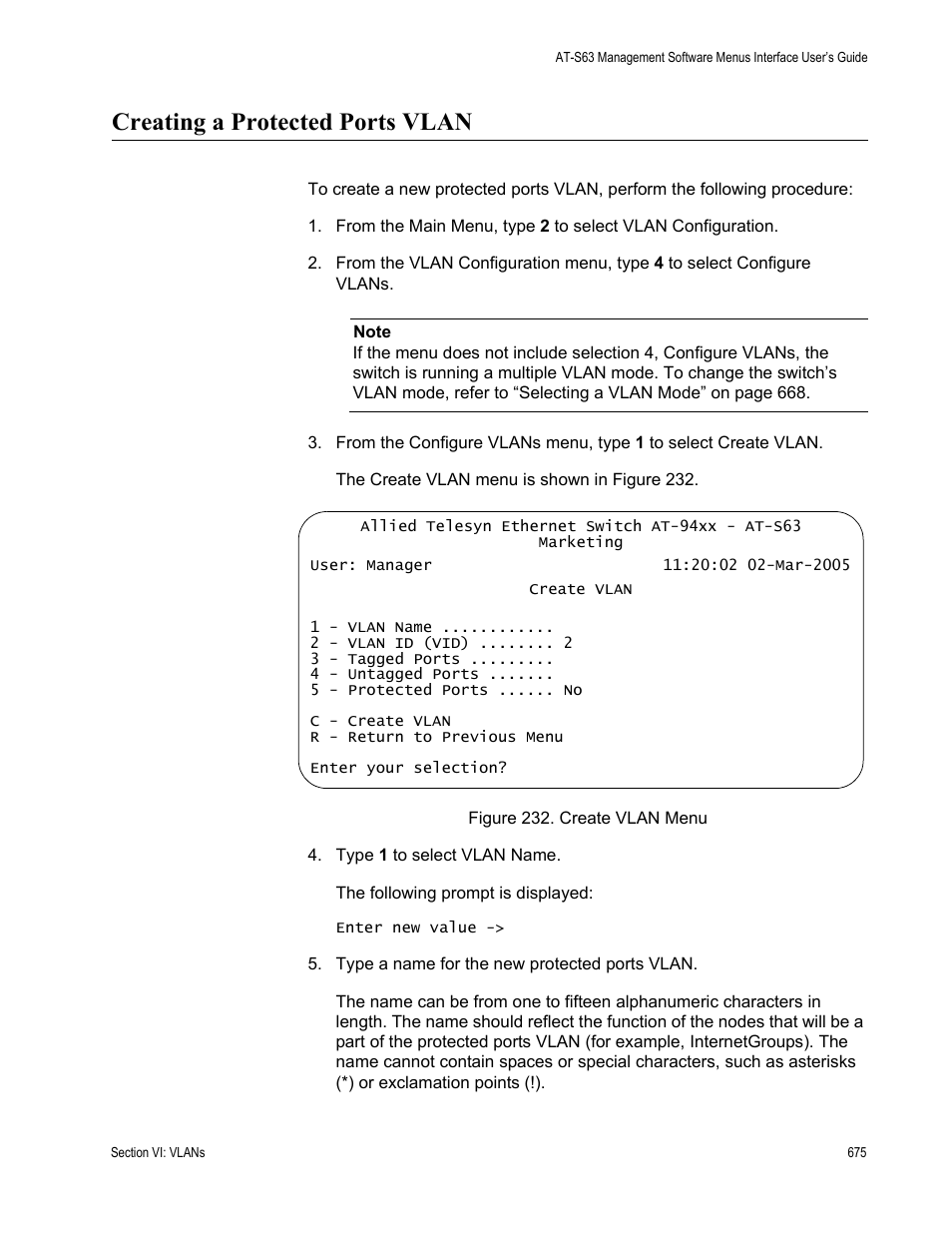 Creating a protected ports vlan, Figure 232: create vlan menu | Allied Telesis AT-S63 User Manual | Page 675 / 902