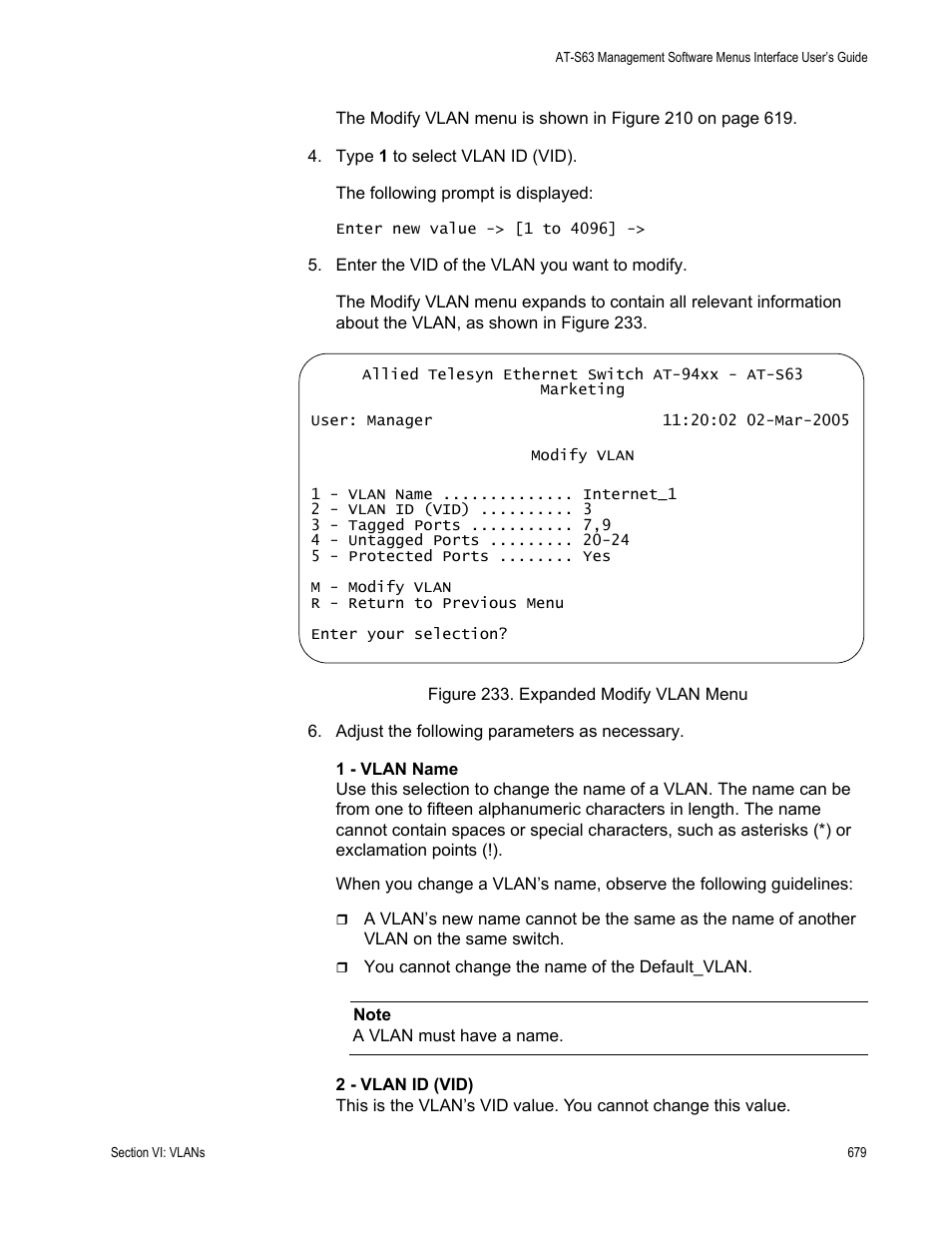 Figure 233: expanded modify vlan menu | Allied Telesis AT-S63 User Manual | Page 679 / 902