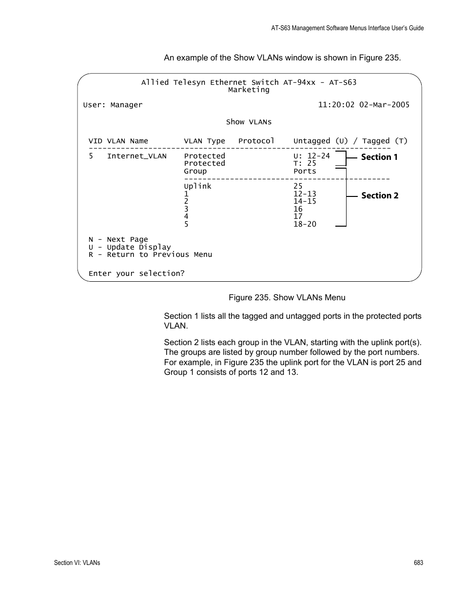 Figure 235: show vlans menu | Allied Telesis AT-S63 User Manual | Page 683 / 902