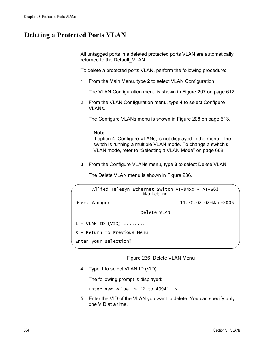 Deleting a protected ports vlan, Figure 236: delete vlan menu | Allied Telesis AT-S63 User Manual | Page 684 / 902