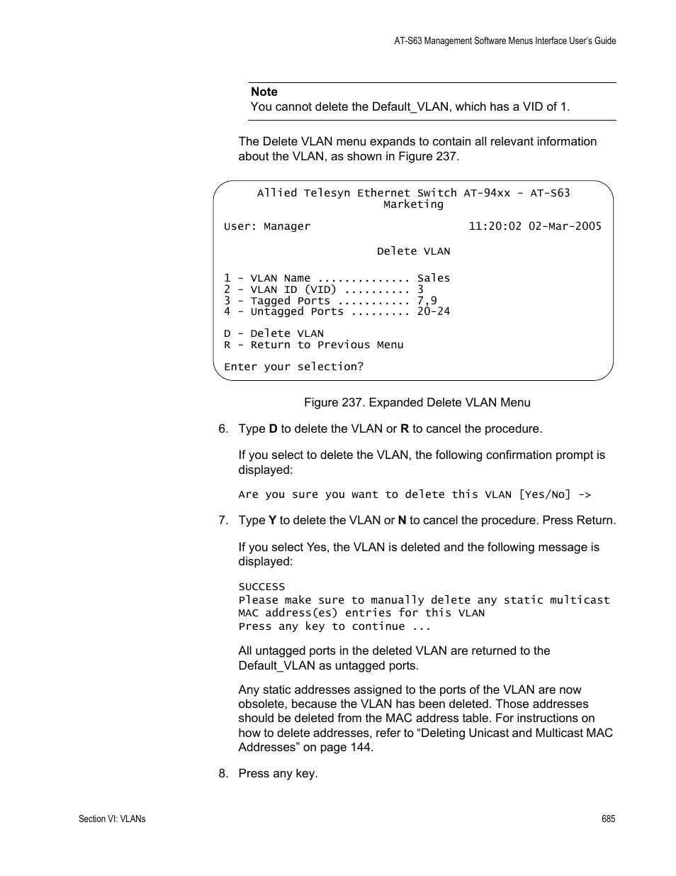 Expanded delete vlan menu | Allied Telesis AT-S63 User Manual | Page 685 / 902