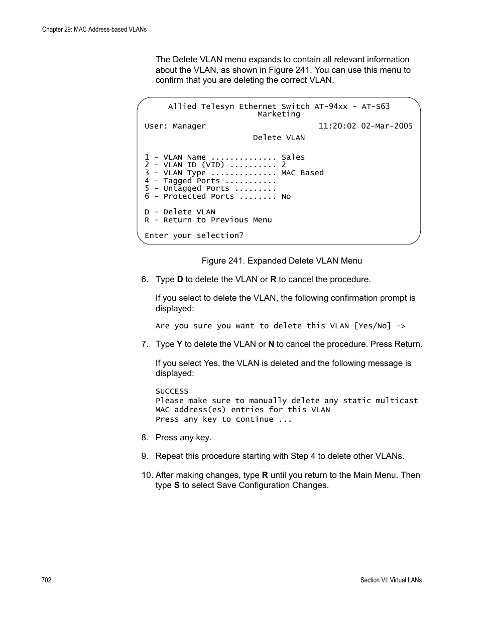 Figure 241: expanded delete vlan menu | Allied Telesis AT-S63 User Manual | Page 702 / 902