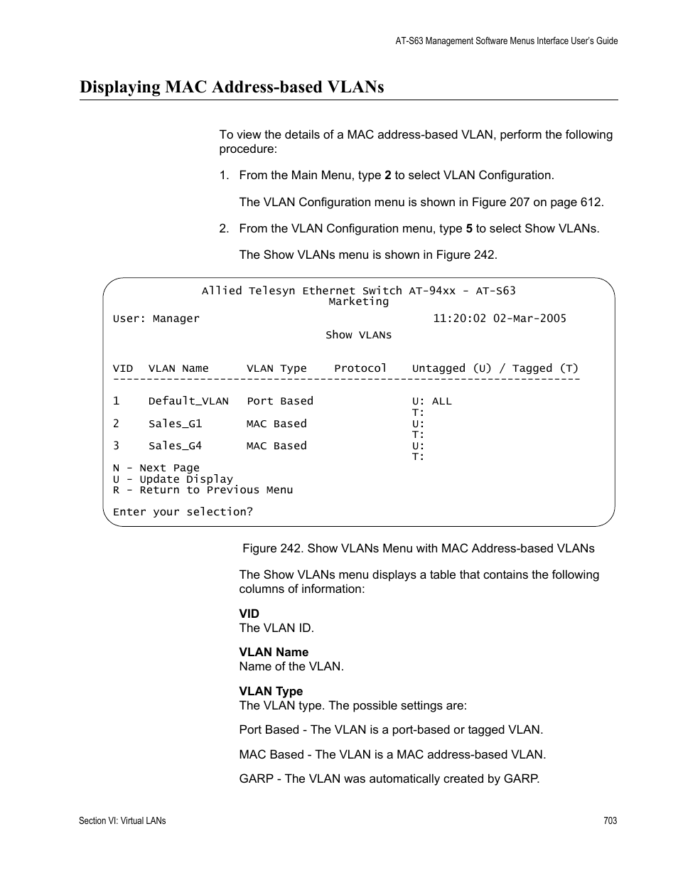 Displaying mac address-based vlans | Allied Telesis AT-S63 User Manual | Page 703 / 902