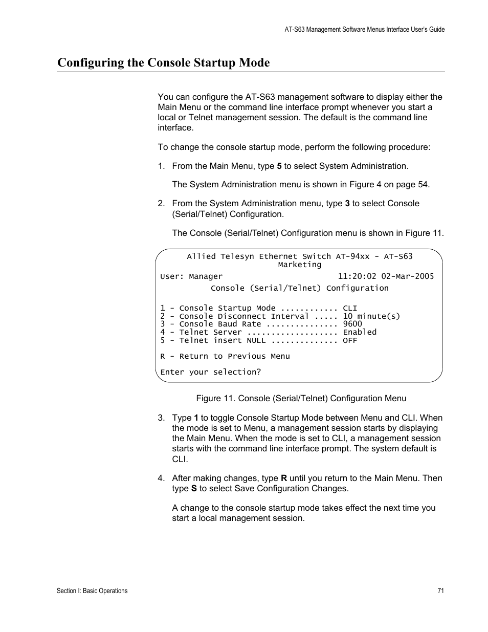 Configuring the console startup mode | Allied Telesis AT-S63 User Manual | Page 71 / 902