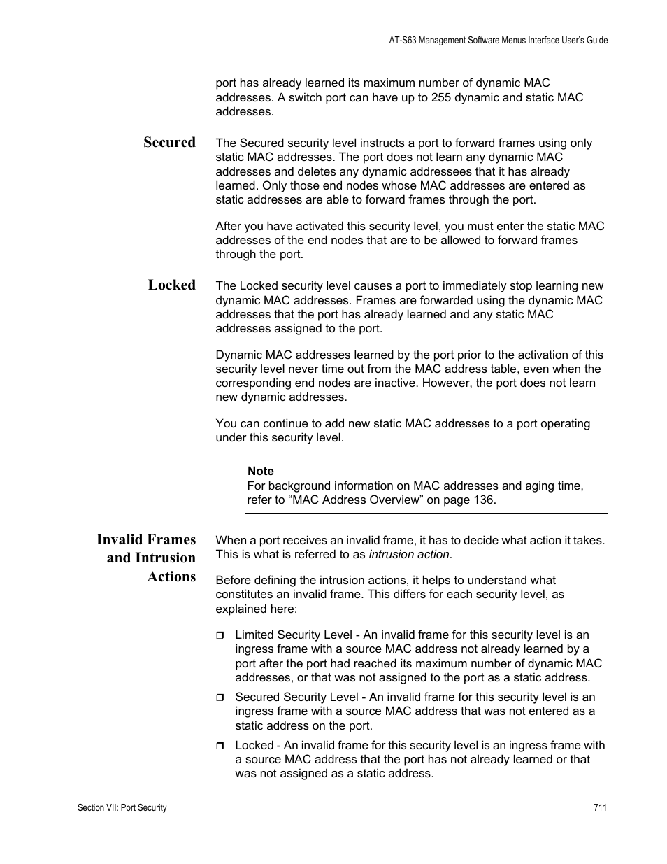 Secured, Locked, Invalid frames and intrusion actions | Allied Telesis AT-S63 User Manual | Page 711 / 902