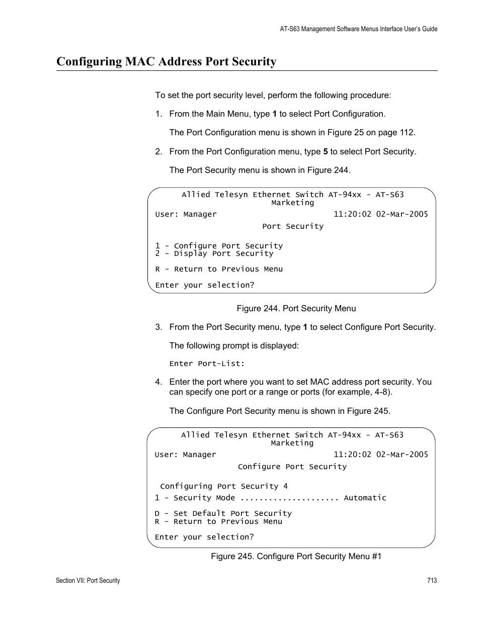 Configuring mac address port security | Allied Telesis AT-S63 User Manual | Page 713 / 902