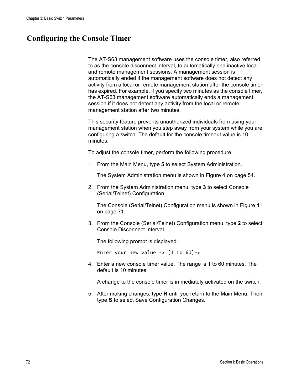 Configuring the console timer | Allied Telesis AT-S63 User Manual | Page 72 / 902