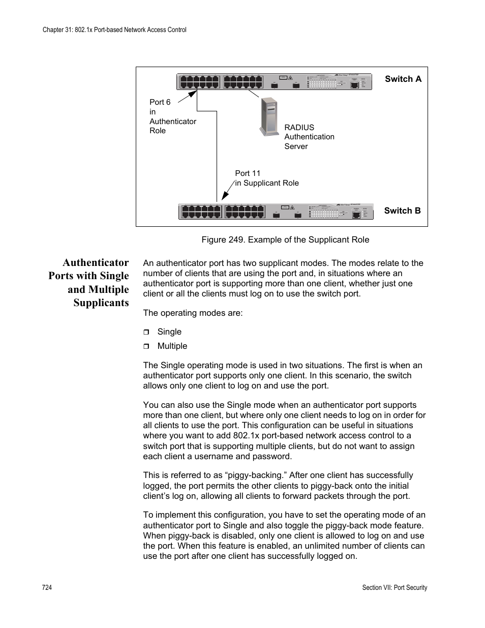 Figure 249: example of the supplicant role, Figure 249. example of the supplicant role, Single | Allied Telesis AT-S63 User Manual | Page 724 / 902