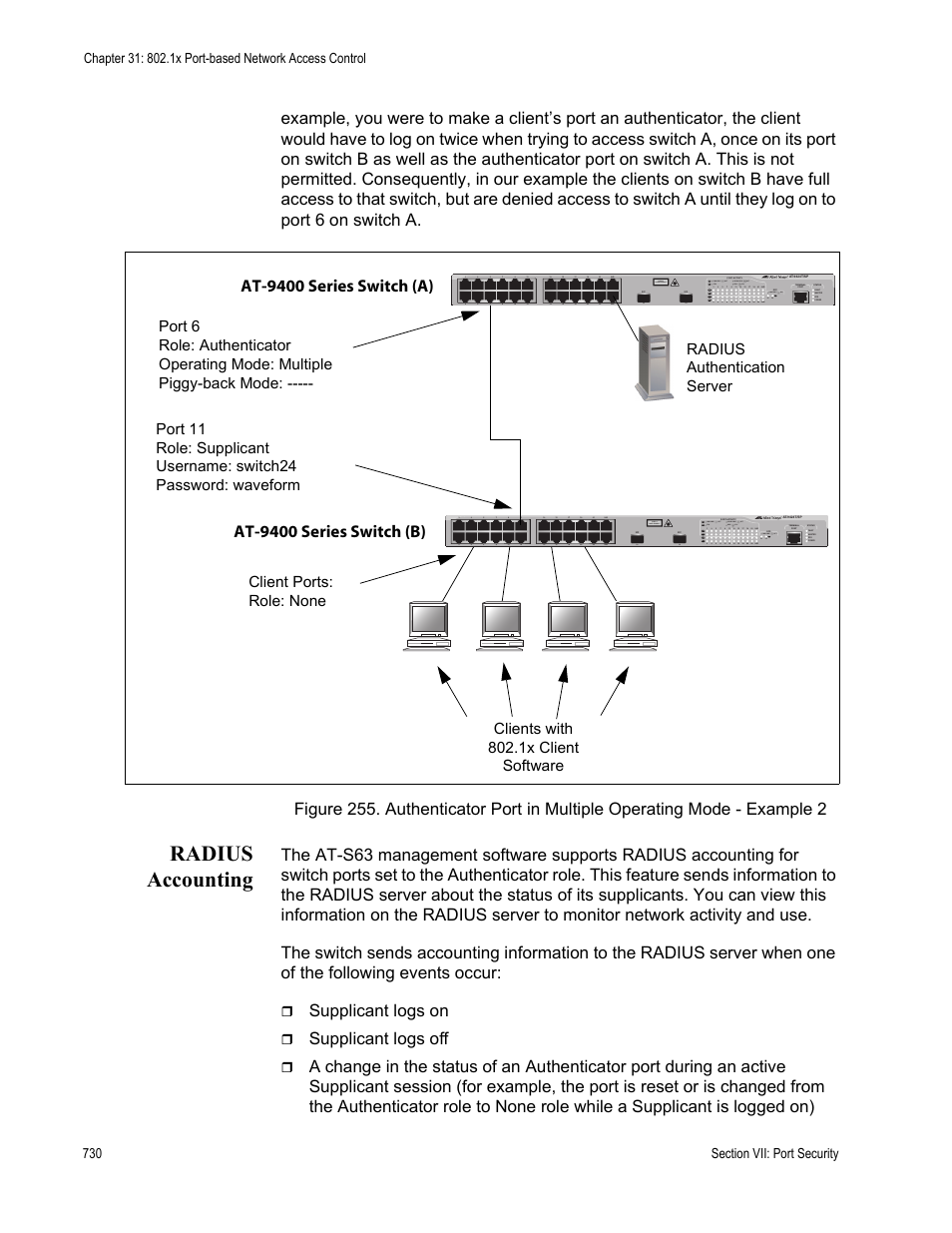 Radius accounting, Supplicant logs on, Supplicant logs off | At-9400 series switch (b) | Allied Telesis AT-S63 User Manual | Page 730 / 902