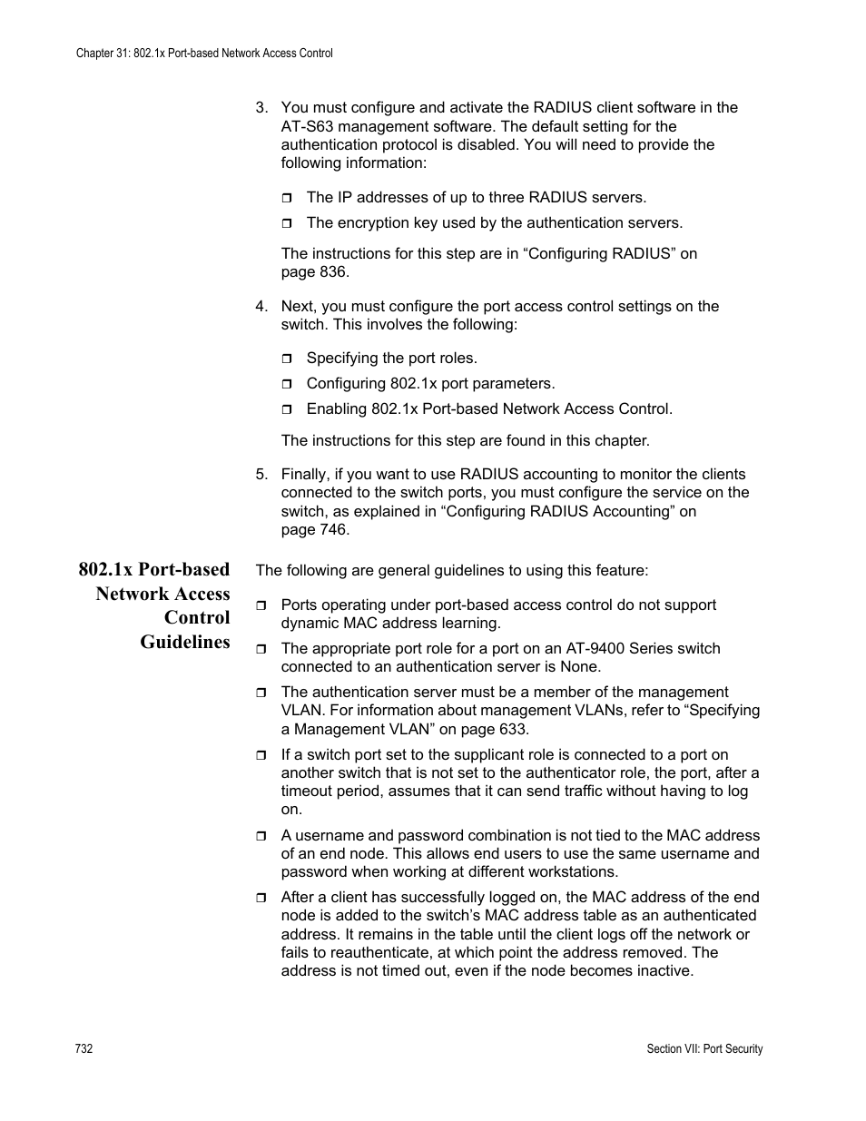 1x port-based network access control guidelines | Allied Telesis AT-S63 User Manual | Page 732 / 902