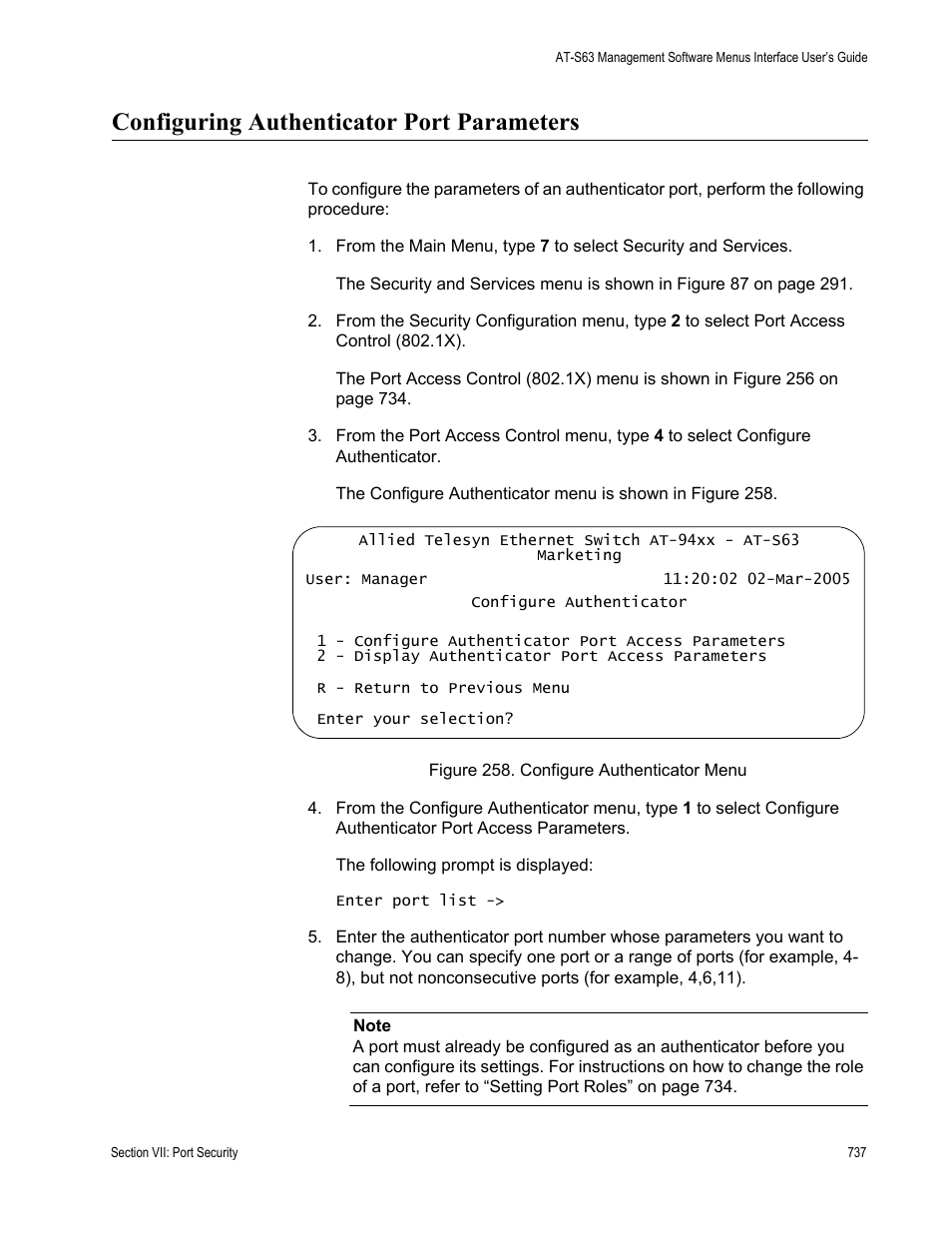 Configuring authenticator port parameters, Figure 258: configure authenticator menu | Allied Telesis AT-S63 User Manual | Page 737 / 902