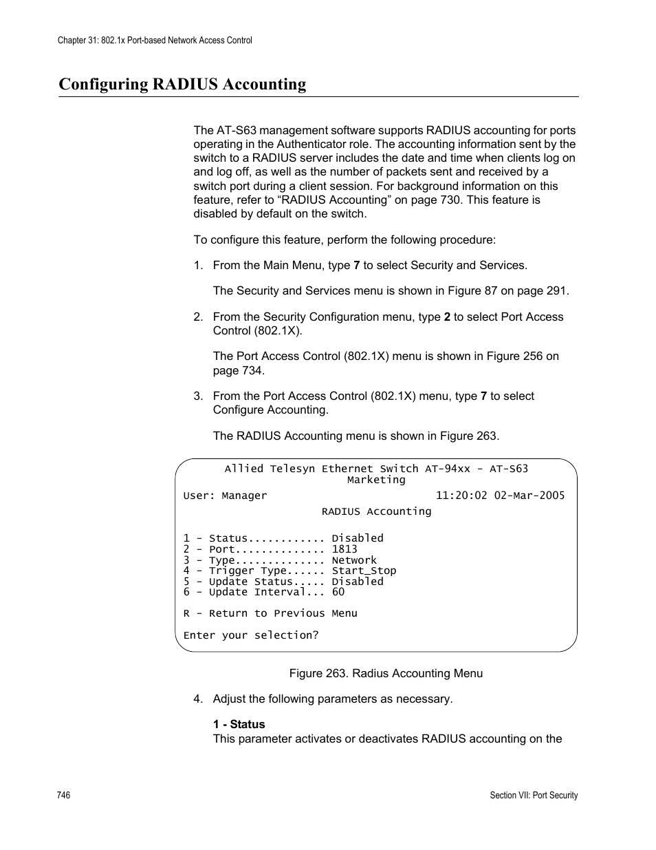 Configuring radius accounting, Figure 263: radius accounting menu | Allied Telesis AT-S63 User Manual | Page 746 / 902