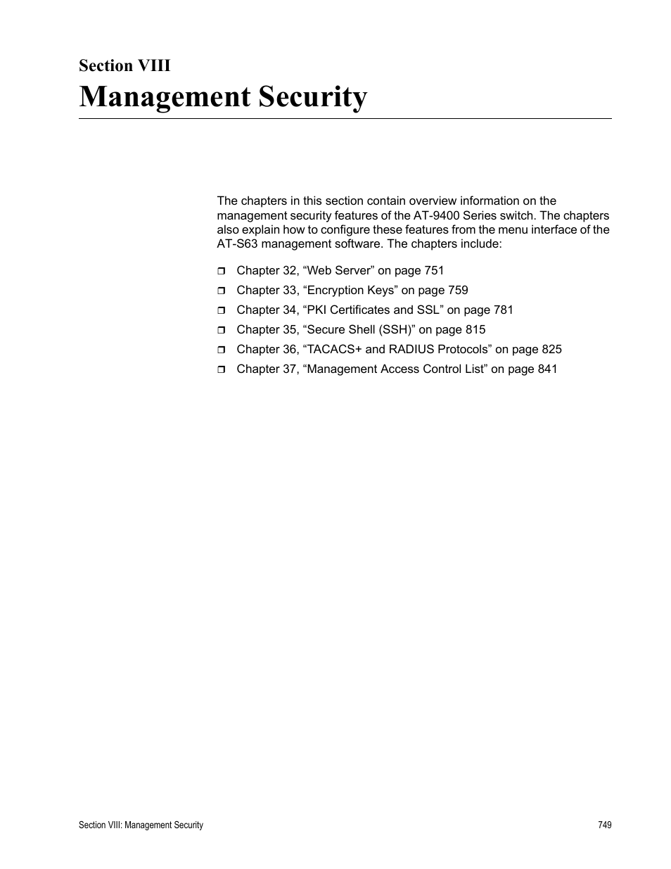 Section viii, Management security, Section viii: management security | Allied Telesis AT-S63 User Manual | Page 749 / 902