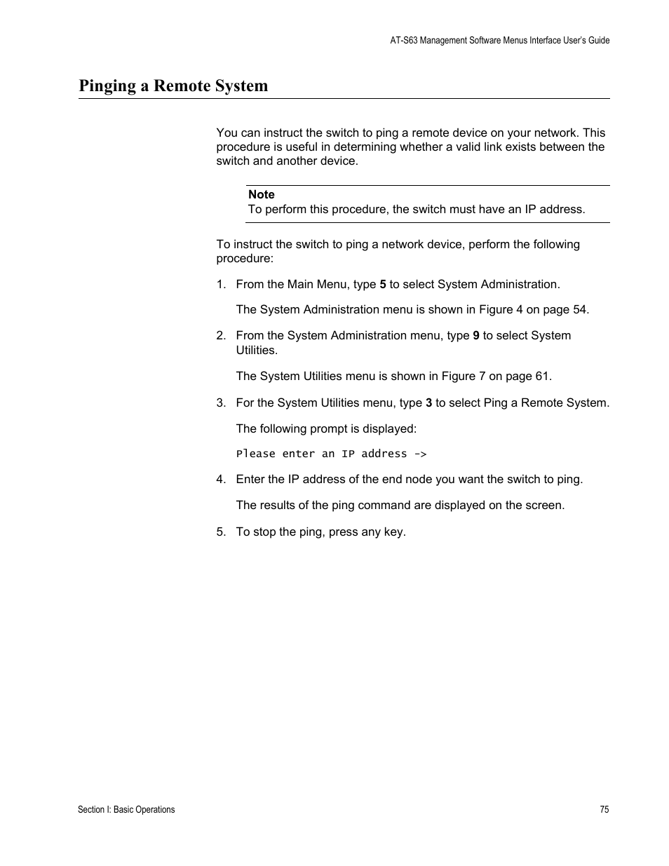 Pinging a remote system | Allied Telesis AT-S63 User Manual | Page 75 / 902