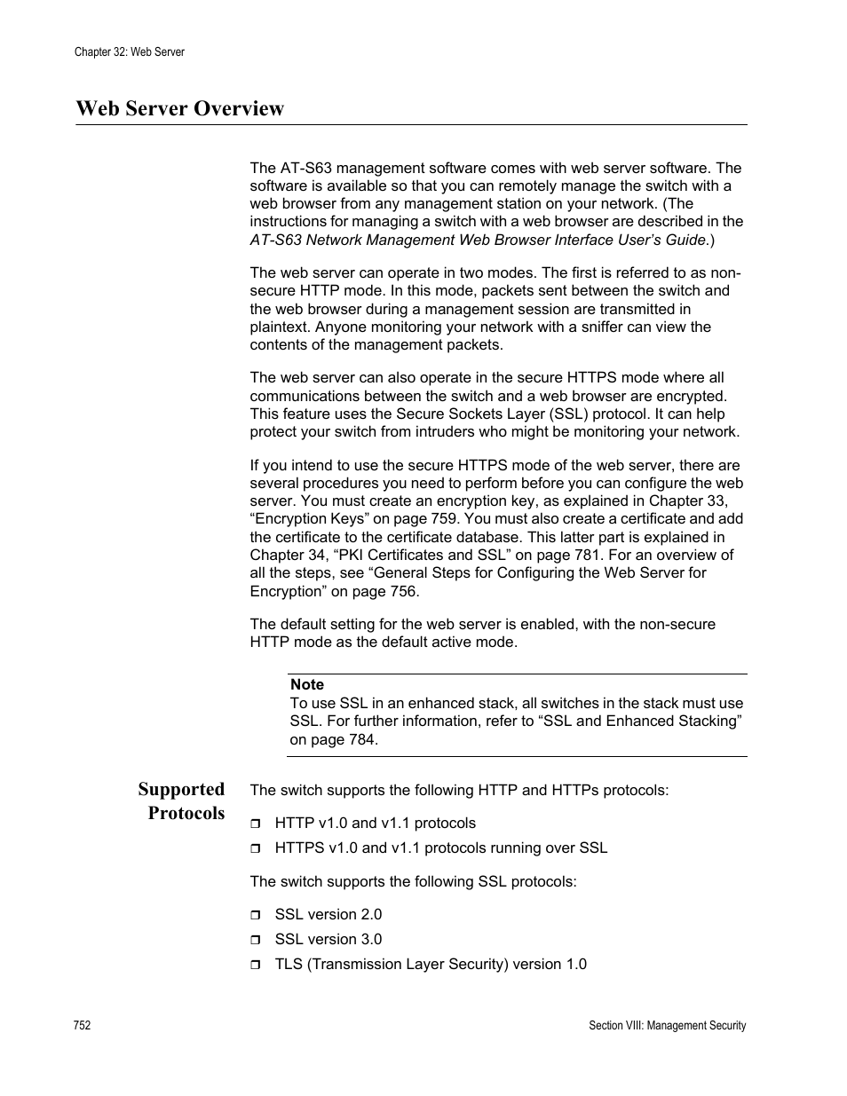 Web server overview, Supported protocols | Allied Telesis AT-S63 User Manual | Page 752 / 902