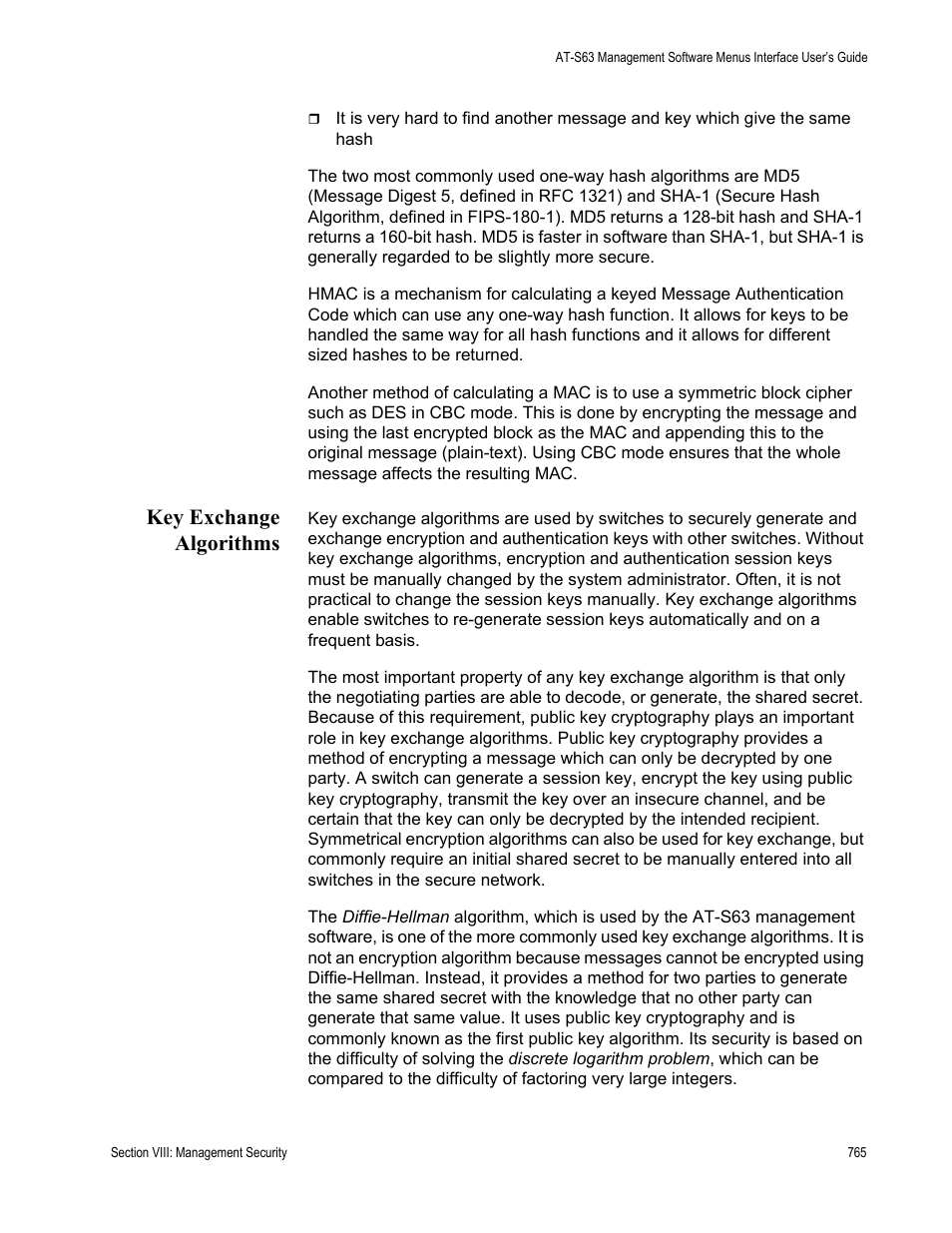 Key exchange algorithms | Allied Telesis AT-S63 User Manual | Page 765 / 902