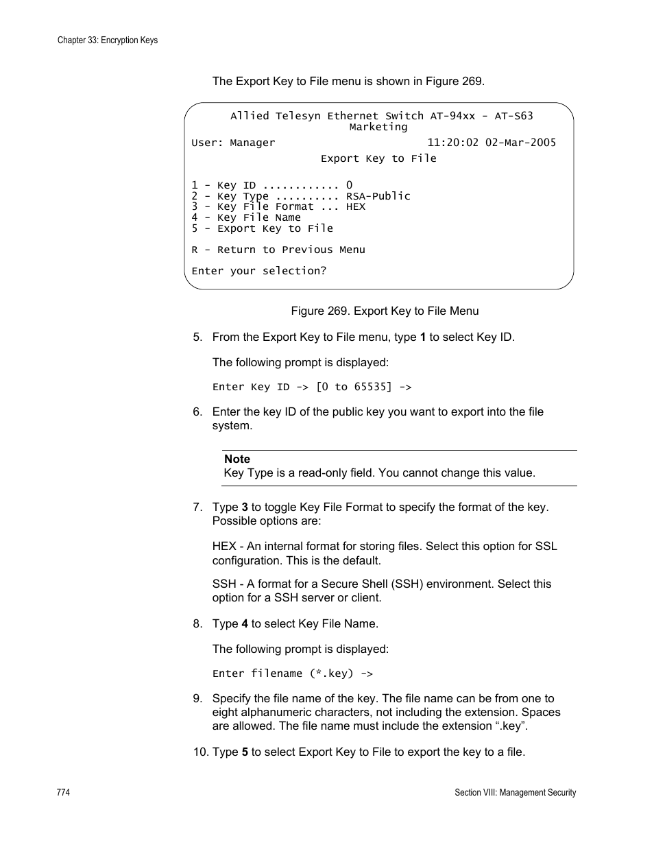 Figure 269: export key to file menu | Allied Telesis AT-S63 User Manual | Page 774 / 902