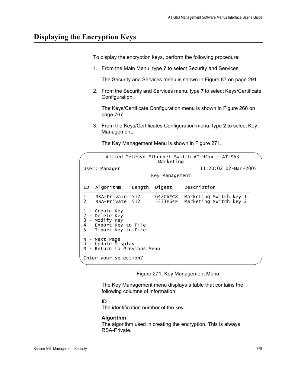 Displaying the encryption keys, Figure 271: key management menu | Allied Telesis AT-S63 User Manual | Page 779 / 902