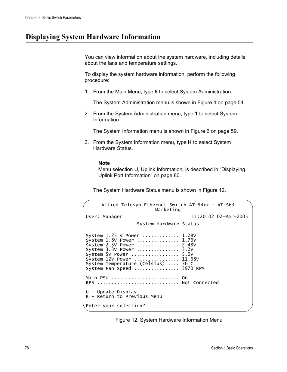 Displaying system hardware information, Figure 12: system hardware information menu | Allied Telesis AT-S63 User Manual | Page 78 / 902